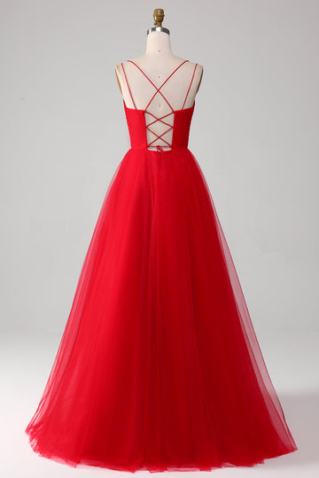 Red A-Line Spaghetti Straps Lace-Up Long Tulle Ball Dress